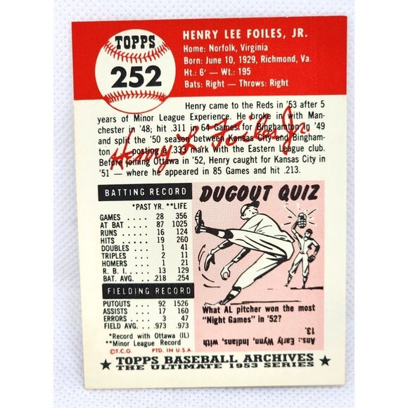 Henry Foiles Cincinnati Reds 1953 Topps Baseball Card - Vintage Reprint - Picture 2 of 6